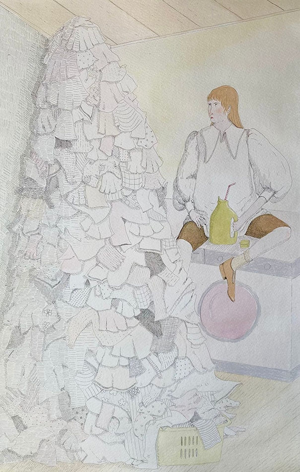 Painting of a person sitting on a laundry machine drinking a large gallon sized beverage with a massive pile of unfolded laundry towering next to them