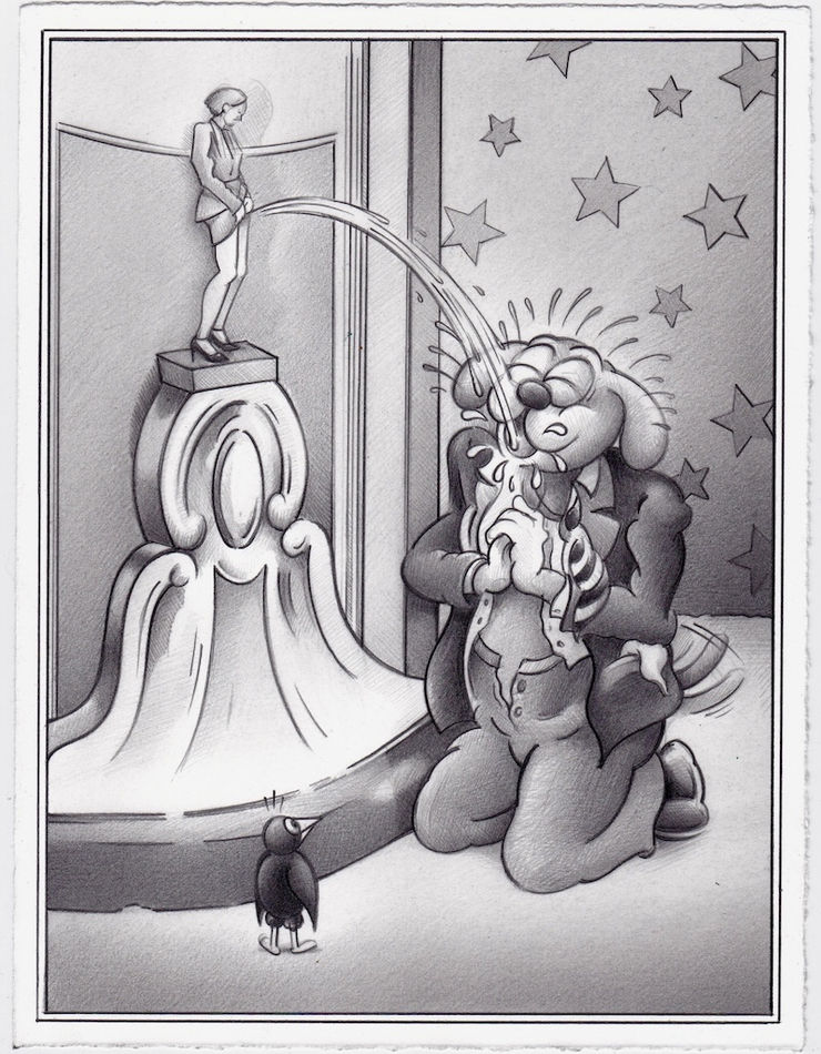 graphite drawing of a kneeling dog drinking the water coming out of a fountain