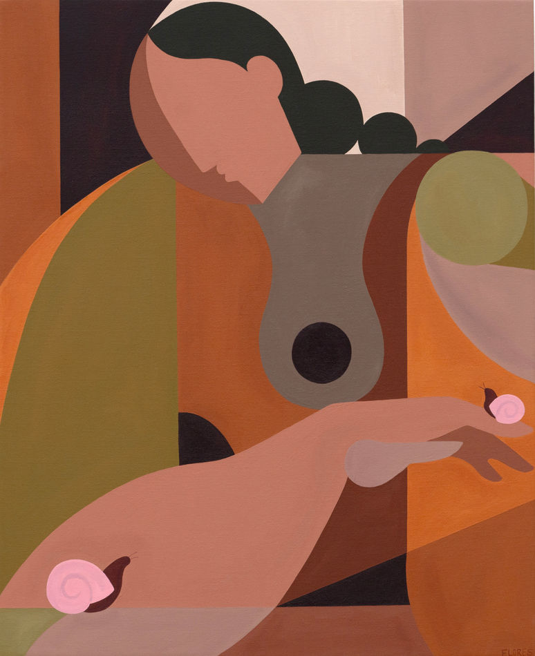 Abstract painting of a woman with a snail on her arm and a snail on her hand. Here hair is in a long braid down her back.
