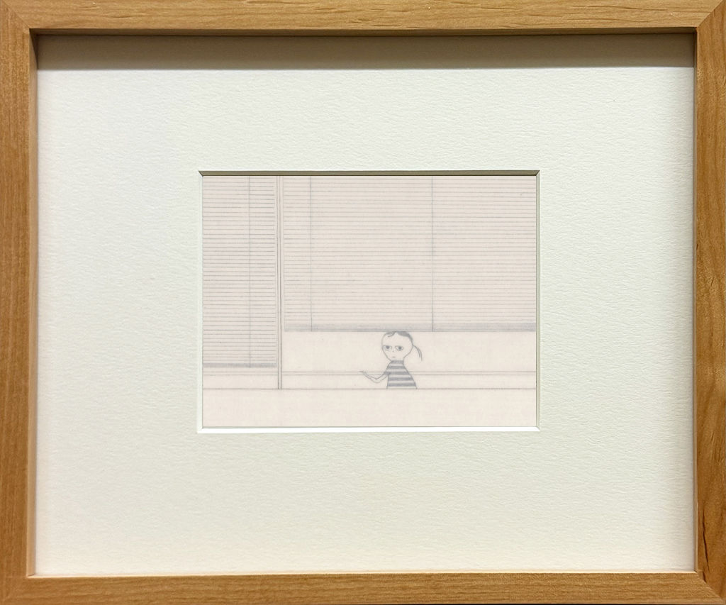 Framed drawing of a girl in a striped shirt standing behind a window pulling the blinds up
