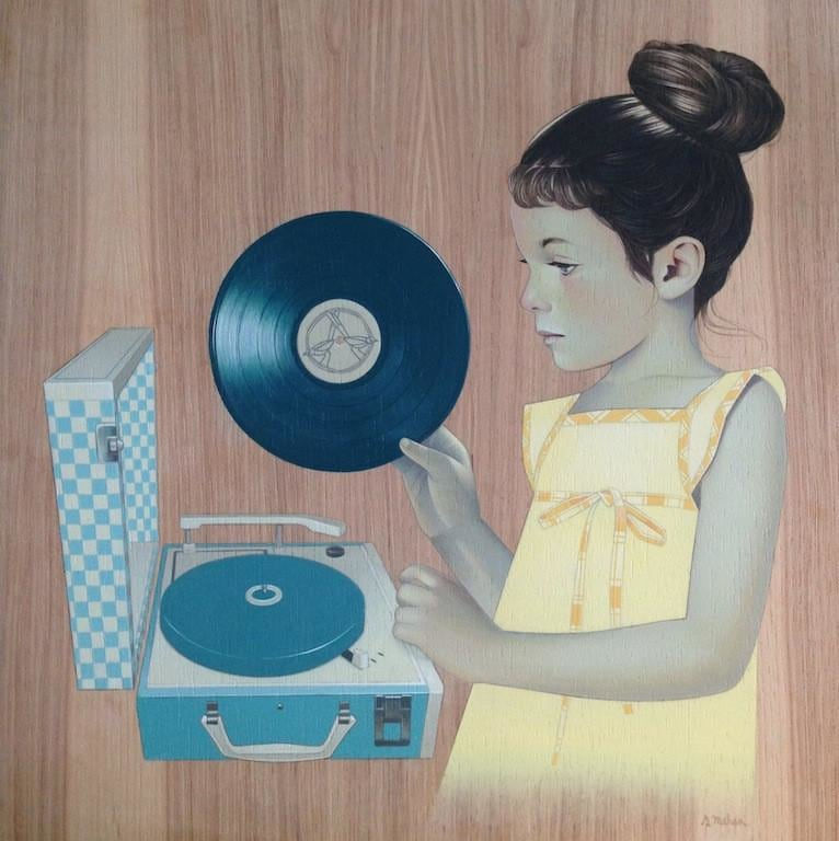 Sean Mahan painting of young girl with record and player