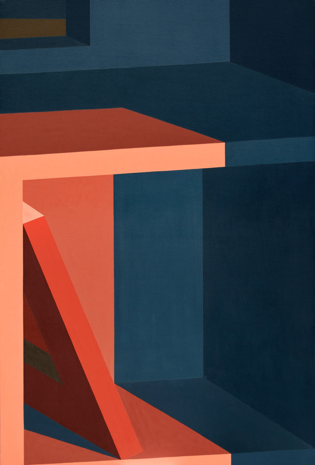 Adrian Wong painting of book shelf with single book leaning, red and blue tones