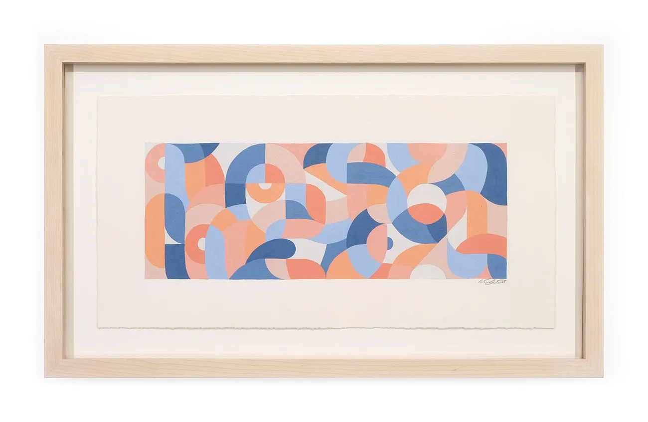 Framed work on paper depicting various multicolored curves and shapes by artist Scott Albrecht