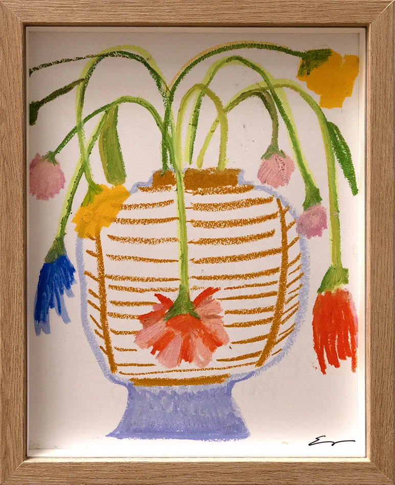 Framed drawing of red, blue, pink and yellow wilted flowers in a brown and white striped vase