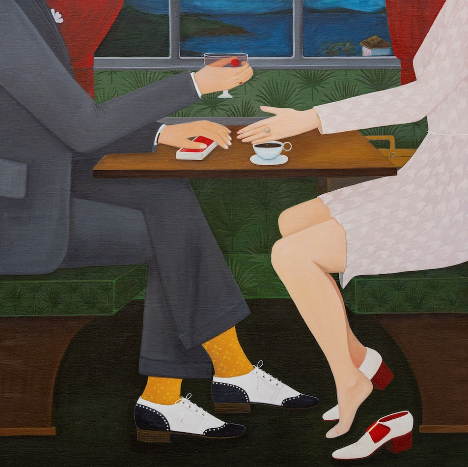 Painting of a man in a gray suit and a woman in a pink patterned dress sitting at a table drinking a coffee and a cocktail.