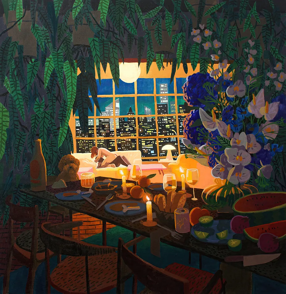 Painting of two nude figures on a couch in a dimly lit room with a table with food on it