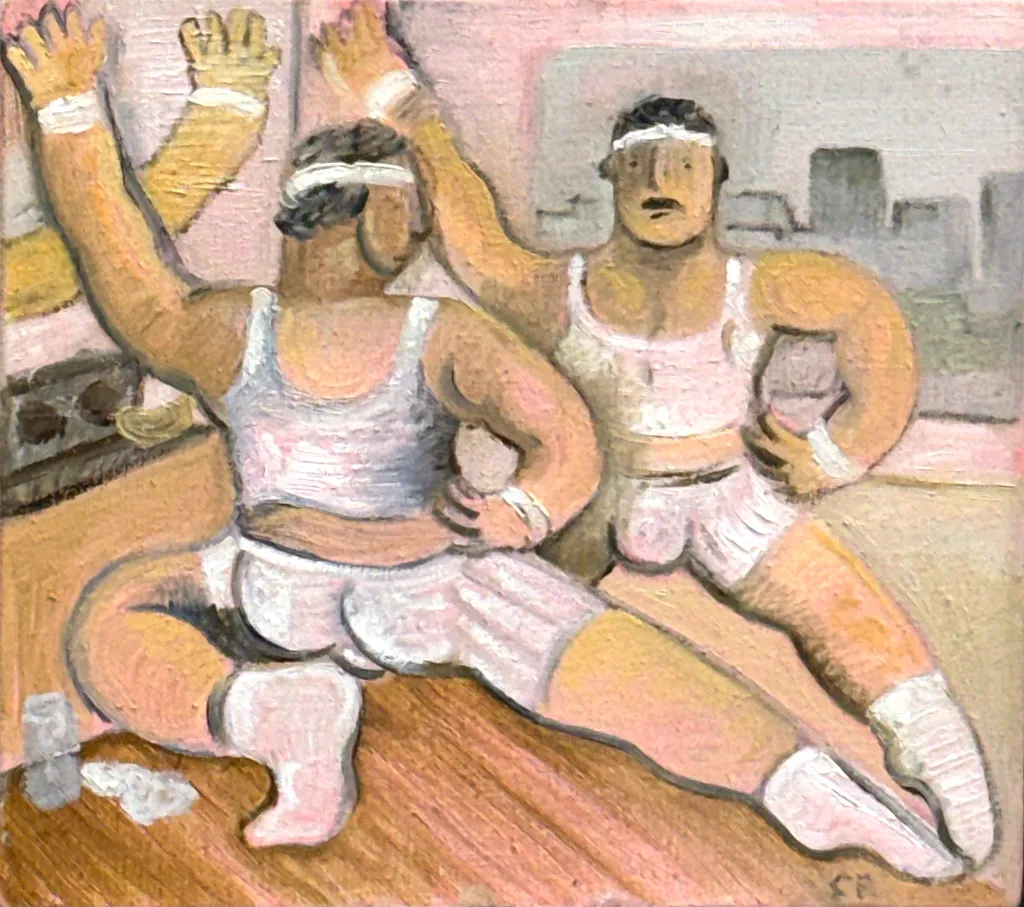 Painting by Carlos Rodriguez of two men in workout clothes stretching while facing eachother