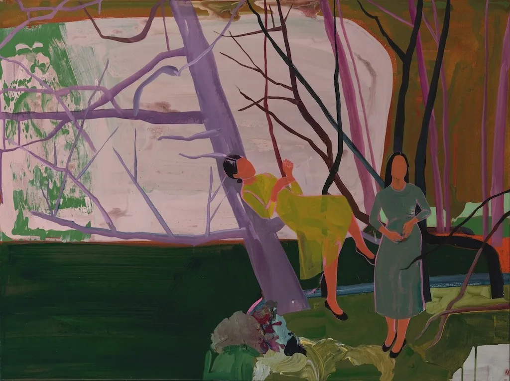 Painting of two women in green dresses standing next to purple trees in a forest