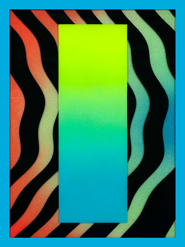 Rachel Strum - paint and resin piece, abstract gradient shapes in neon green, blue, red ,and black with blue frame