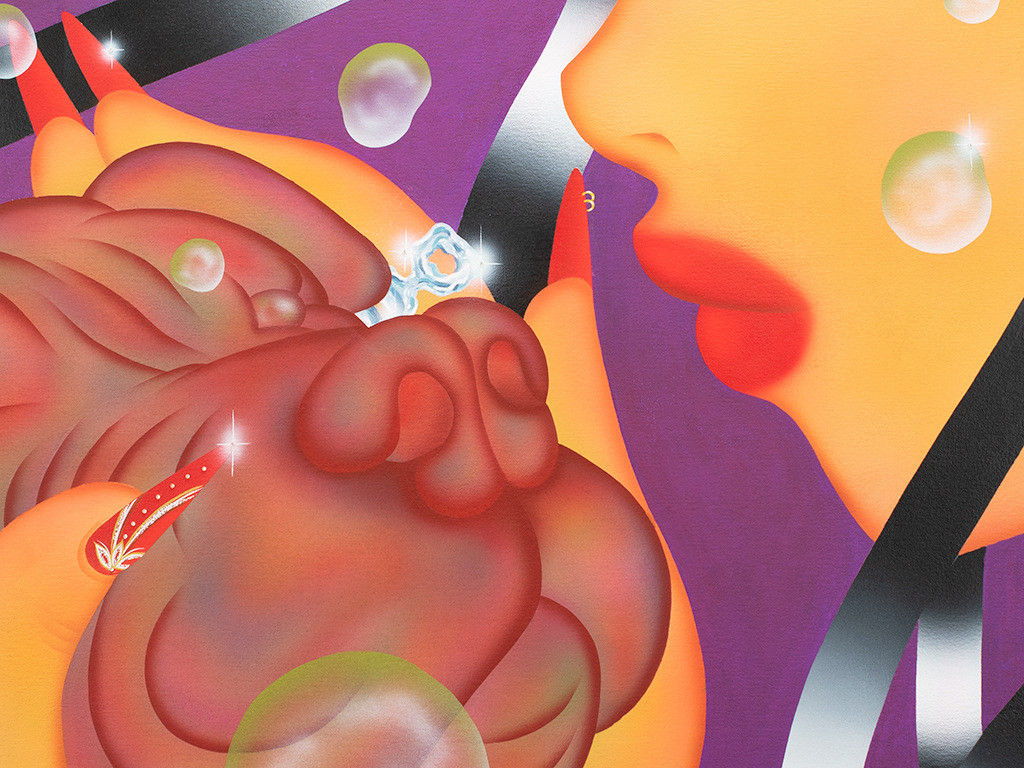 Painting of a woman's side profile and the face of a dog. The woman is holding the dogs face in her hands.