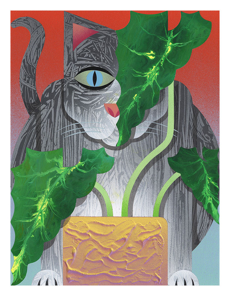 painting of a cat behind a potted plant