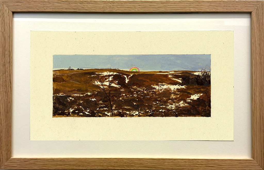 framed painting of a home and landscape with pale yellow border