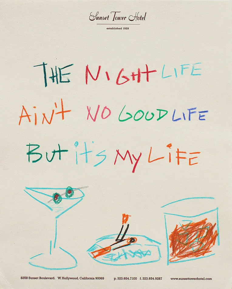 Drawing of a martini glass, a rocks glass and an ashtray with the words 