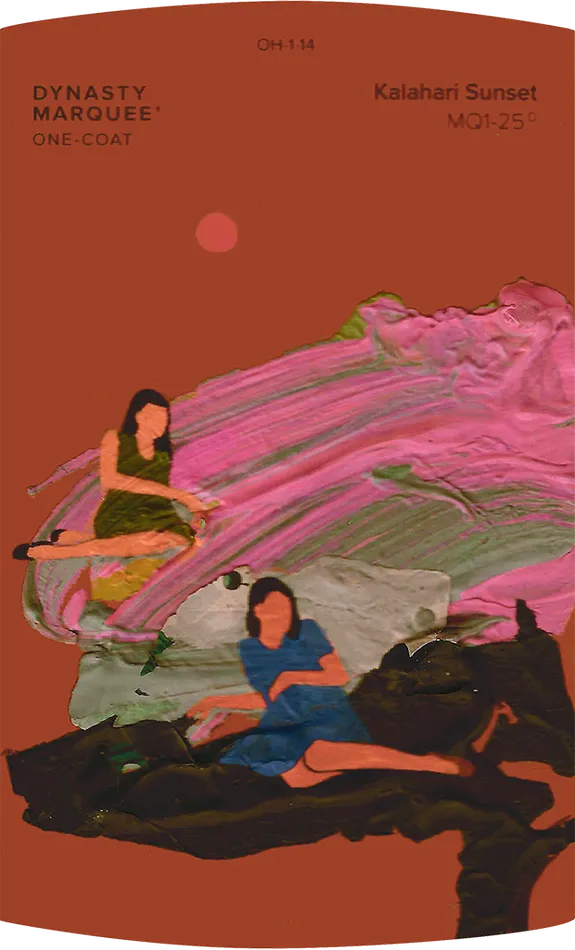 Painting on an orange paint chip of three women reclining on a green and pink hill