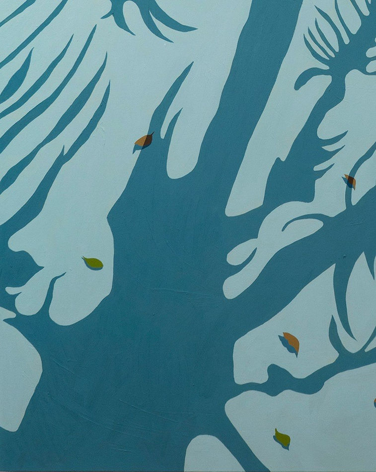 detail of Natalia Juncadella painting of blue pool with shadows cast over it