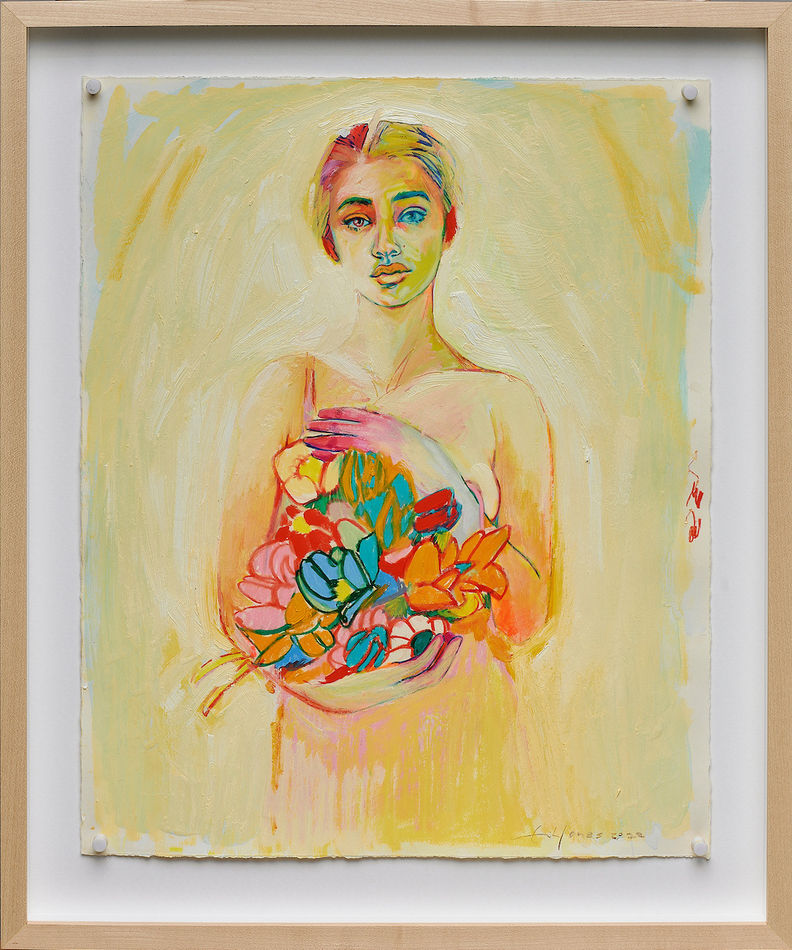 Erik Jones mixed media work on paper of woman holding flowers against yellow background