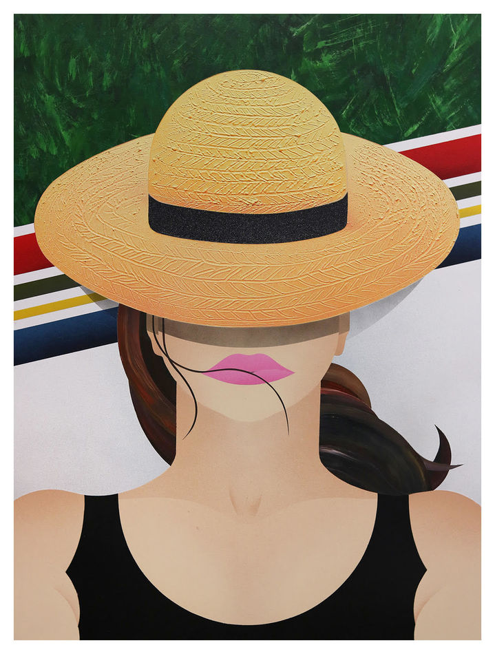 painting of a woman with a hat covering her eyes