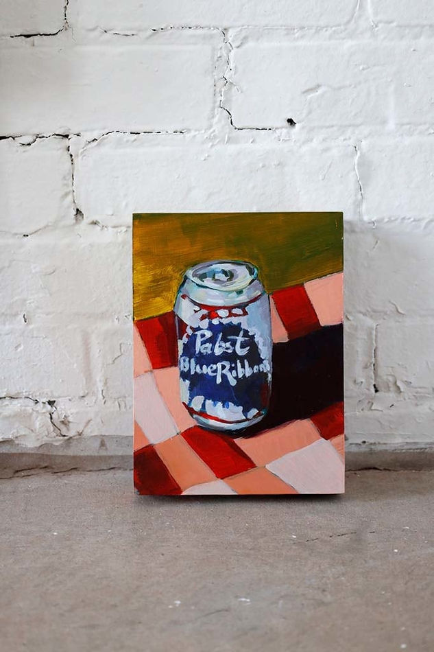 Painting of a Pabst Blue Ribbon can on a table with a red and pink table clothe