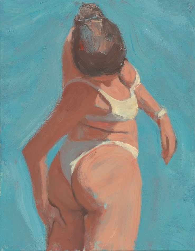 Zack Rosebrugh of woman from behind wearing white bikini looking down standing against blue background