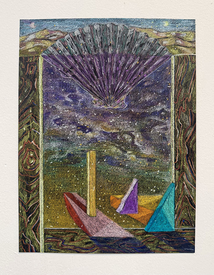 Drawing of colorful geometric shapes, a sea shell, and mountaints