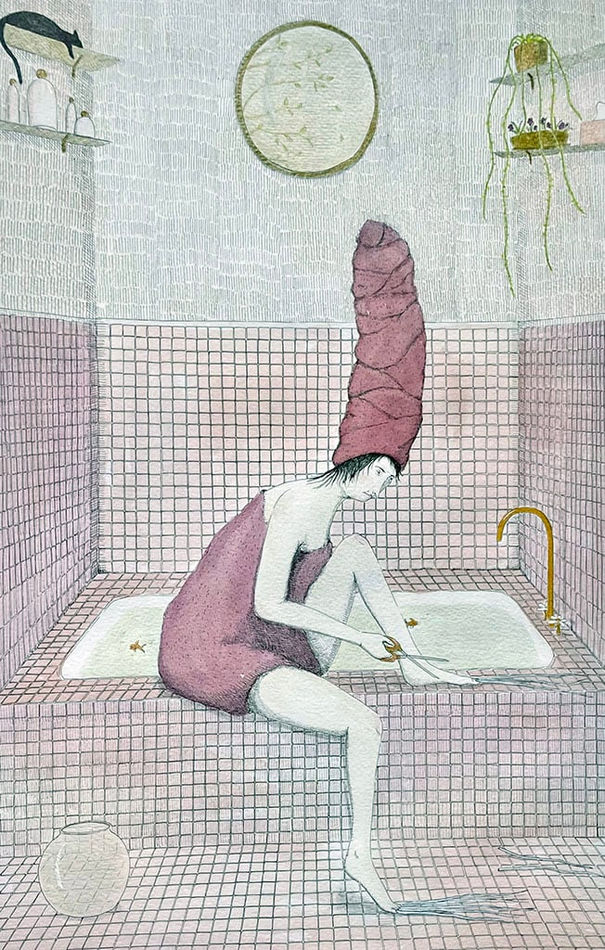 Painting of a woman in a towel sitting on the edge of a bathtub while clipping her unusually long toe nails