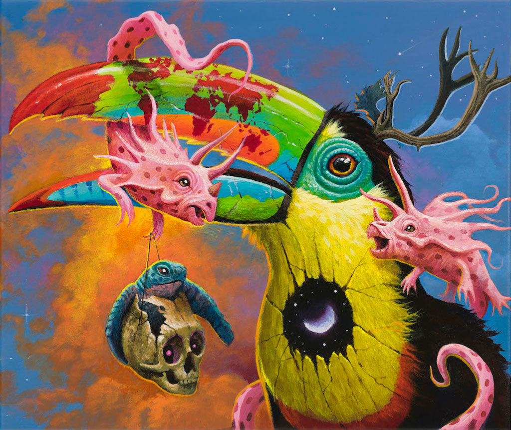 Dulk painting of brightly painted toucan with reptile like creatures