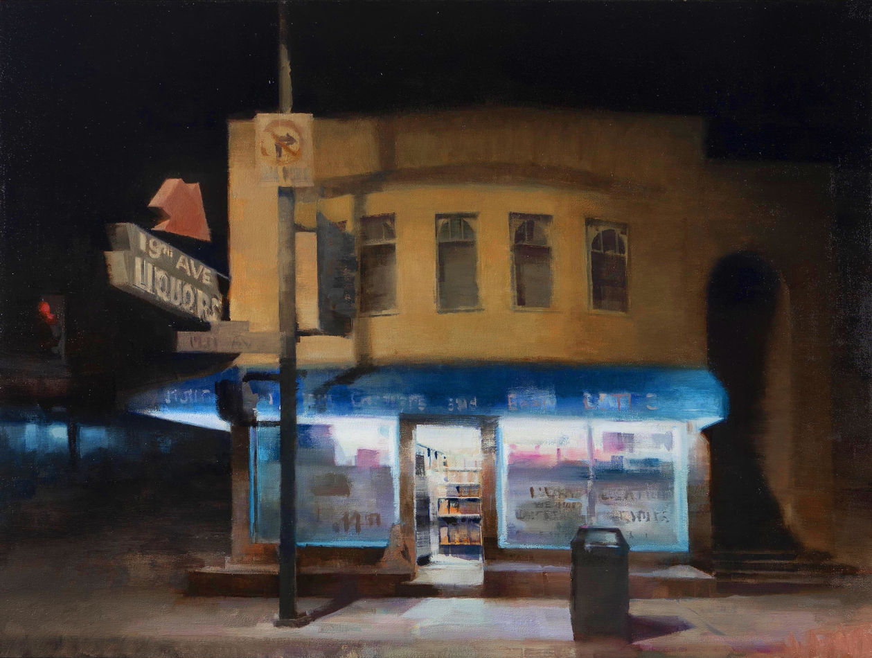 Kim Cogan painting of liquor store at night