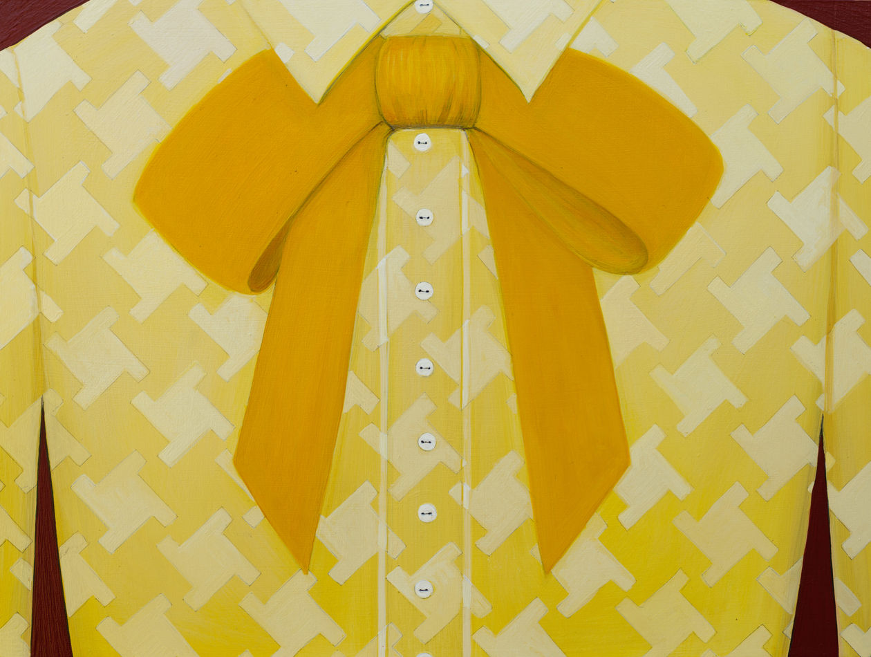 Painting by Angela Burson of a womens torso in a yellow outfit with bow