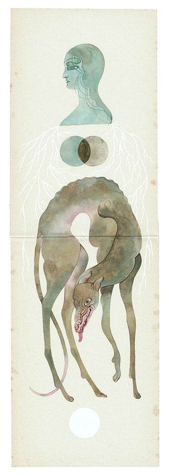 Watercolor painting by Lou Benesch of a grey dog and bust of woman in blue