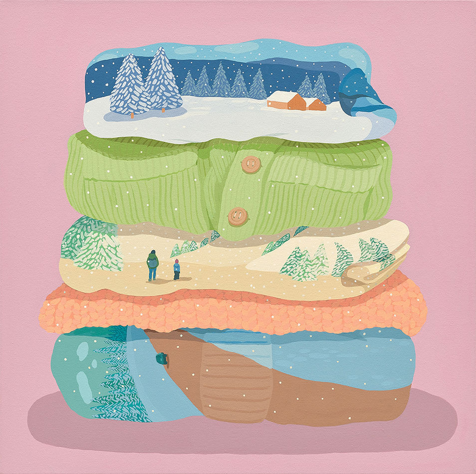 Danym Kwon - painting of stacked clothes. Teh clothes are either painted in pastel color or sceneries, such as the house in snow and a man and a child walking pass a brownish dust land. The background is painted pastel ruby.