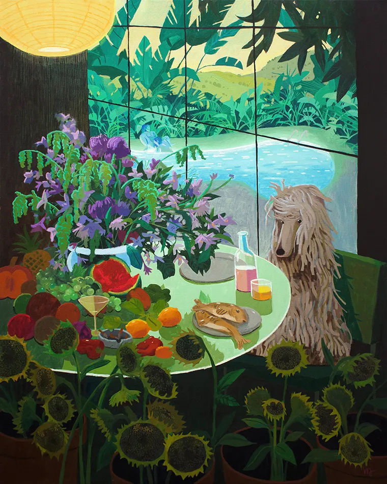 Pastel drawing of a table with food on it surrounded by sunflowers and a white dog with long fur sitting on a green chair
