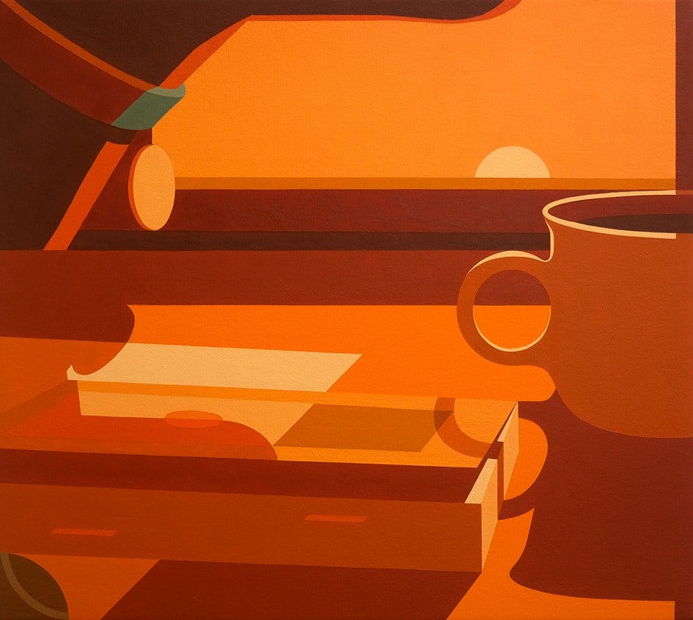 Adrian Kay Wong - warm tone oil painting of a table with a book and a mug on it, there is a dog behind the table but only its neck and collar are shown