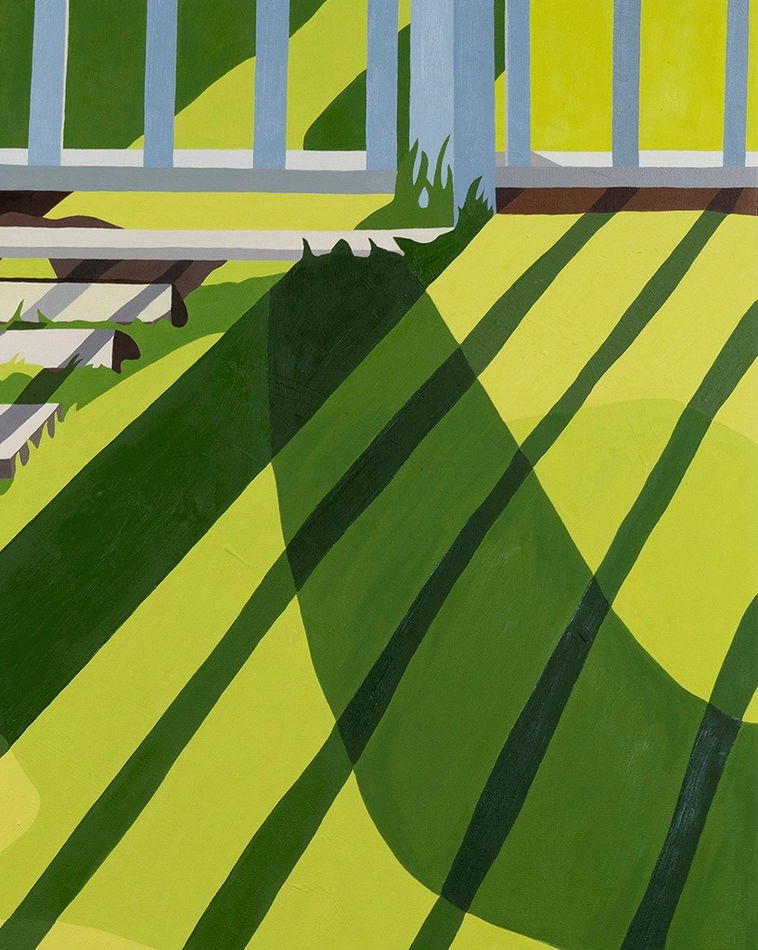 detail of Natalia Juncadella painting of white fence and grass with shadows cast over it