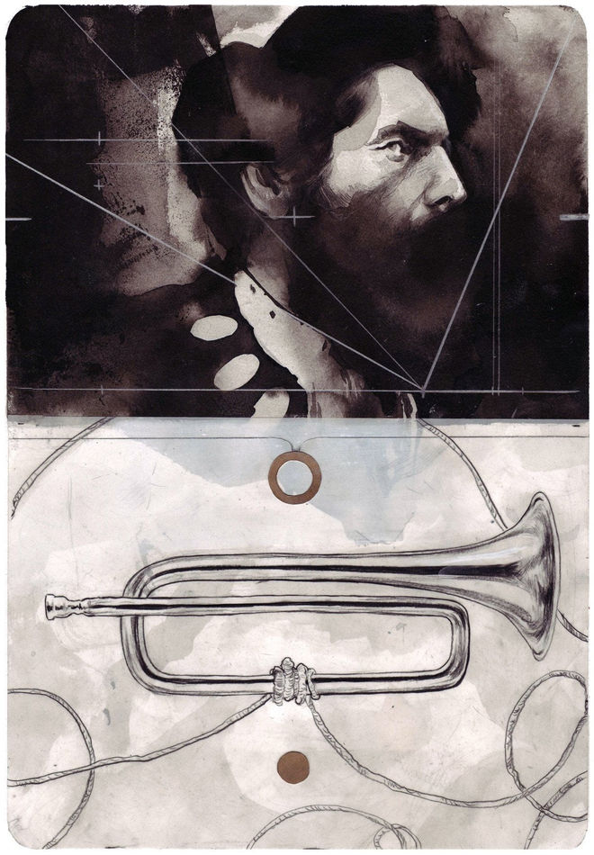 Nimit Malavaria graphite drawing of man and trumpet