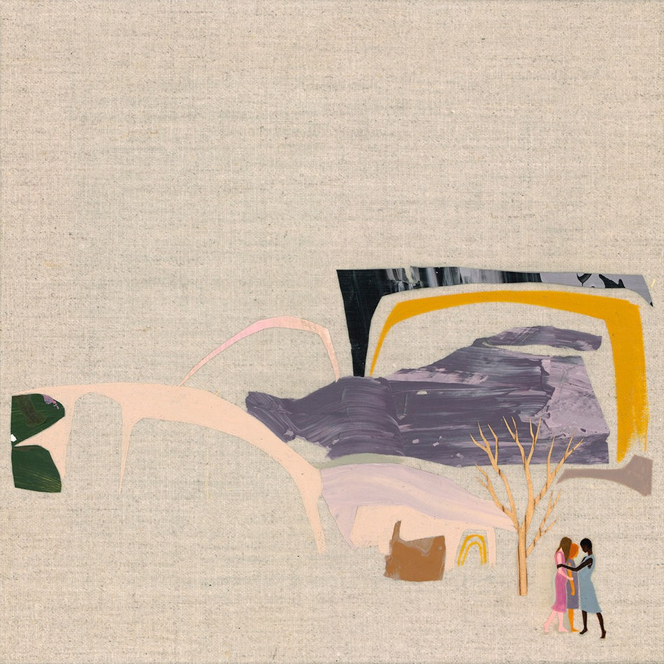 painting by Seonna Hong depicting a minimalistic, abstracted landscape with three figures huddled near a bare tree