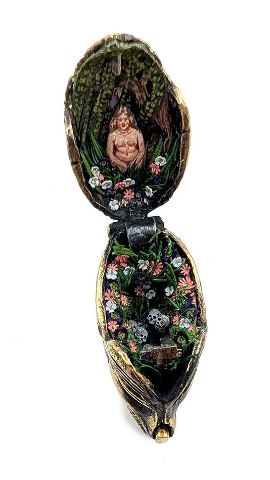 hand-cut watercolor collage in rare antique solid brass vesta match safe by Shannon Taylor