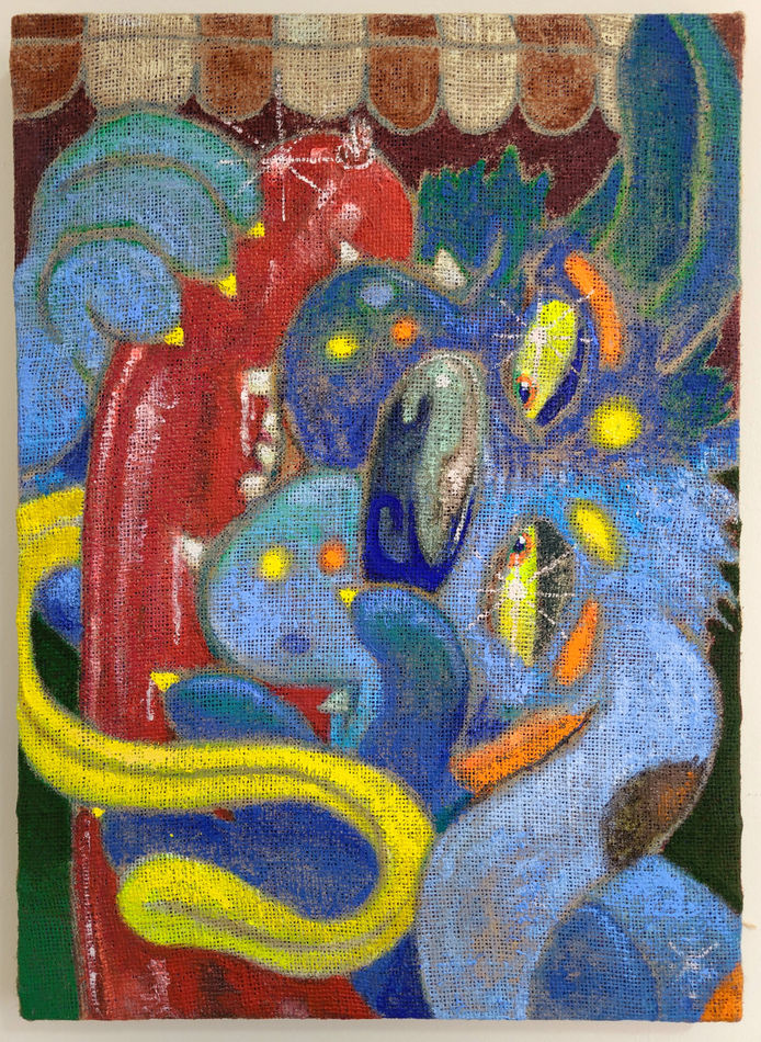 Painting of a dog eating a sausage