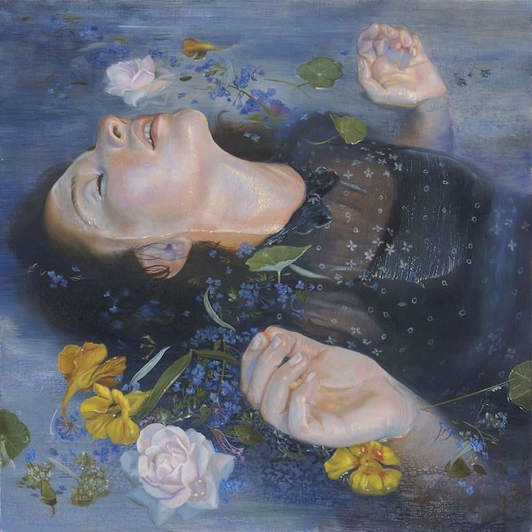 Kari-Lise Alexander painting of woman floating in water with flowers