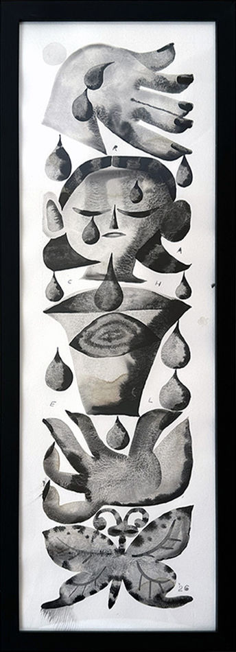 Vertical black and white paintings of a woman's head, hands, a butterfly and water droplets