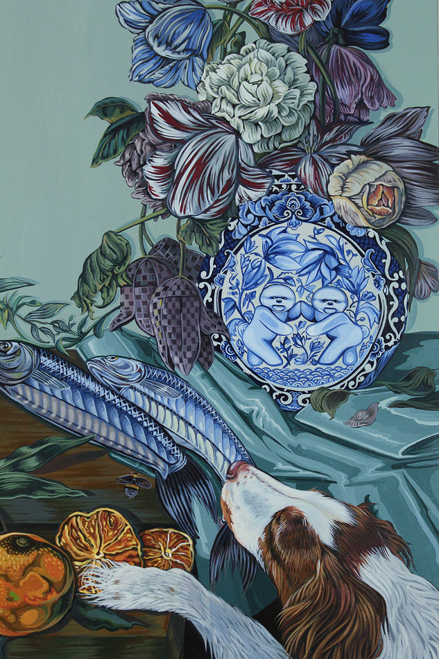 Painting of a a dog grabbing a whole fish from a table that is covered in strawberries, oranges and a giant bouquet of flowers with a moth flying over head.