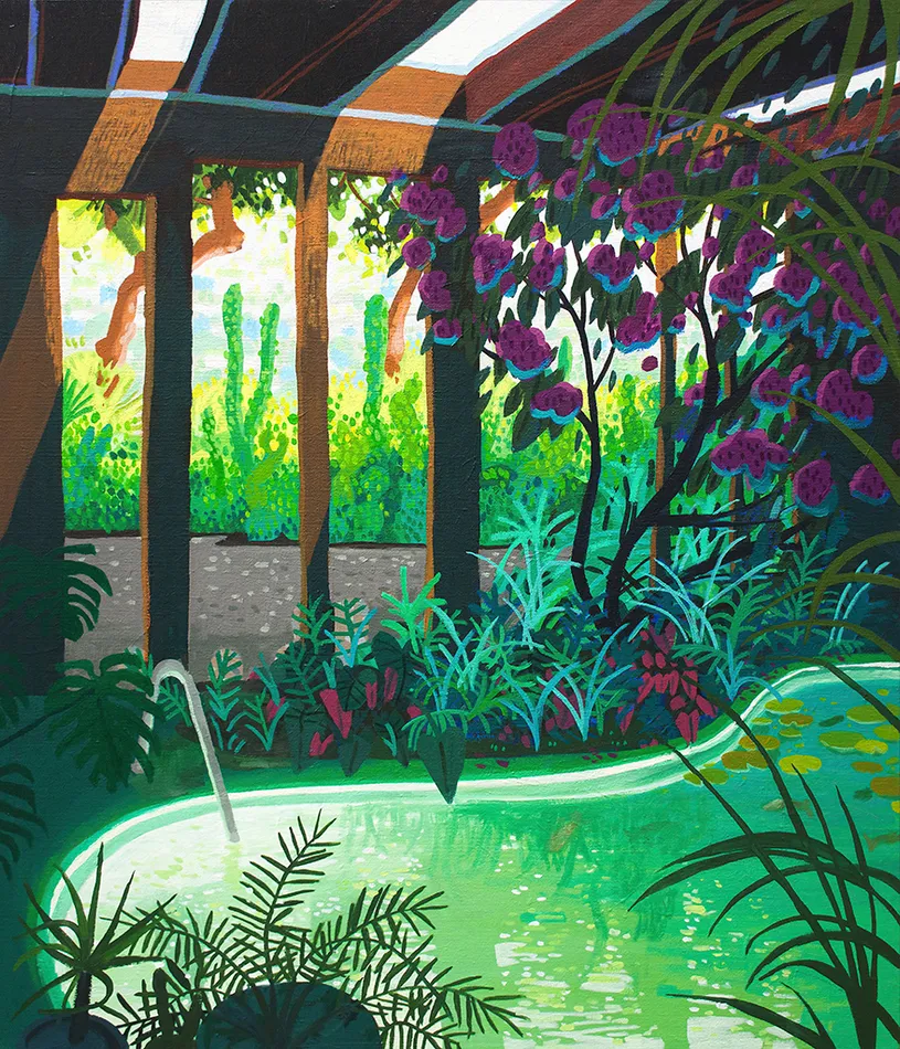 Pastel drawing and an indoor swimming pool surrounded by lush green plants