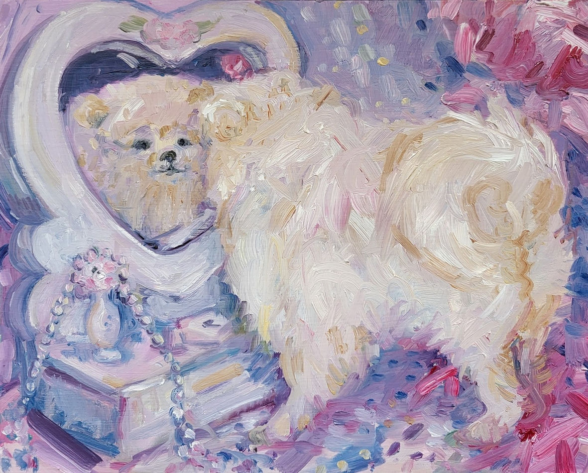 Painting of a white fluffy dog starring in a heart shaped mirror at itself