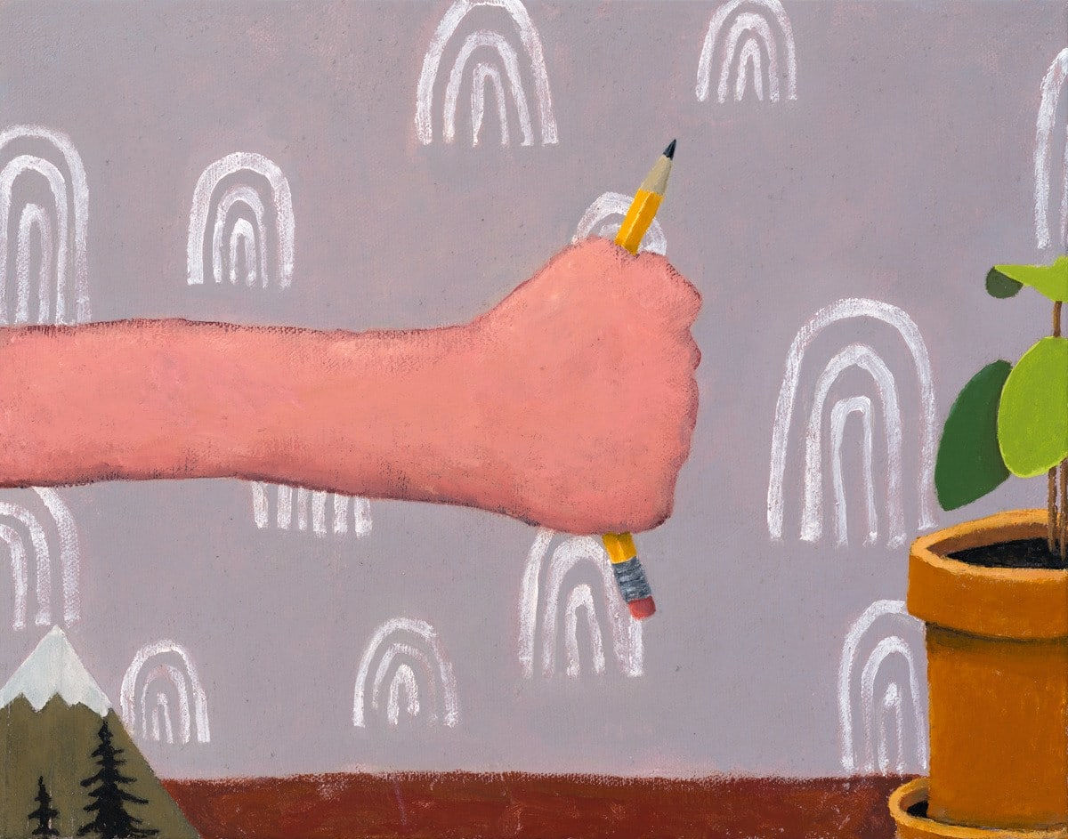Painting of arm and hand holding a broken pencil over a desk with a small green plant in a pot and a miniature mountain on a gray background with white arches