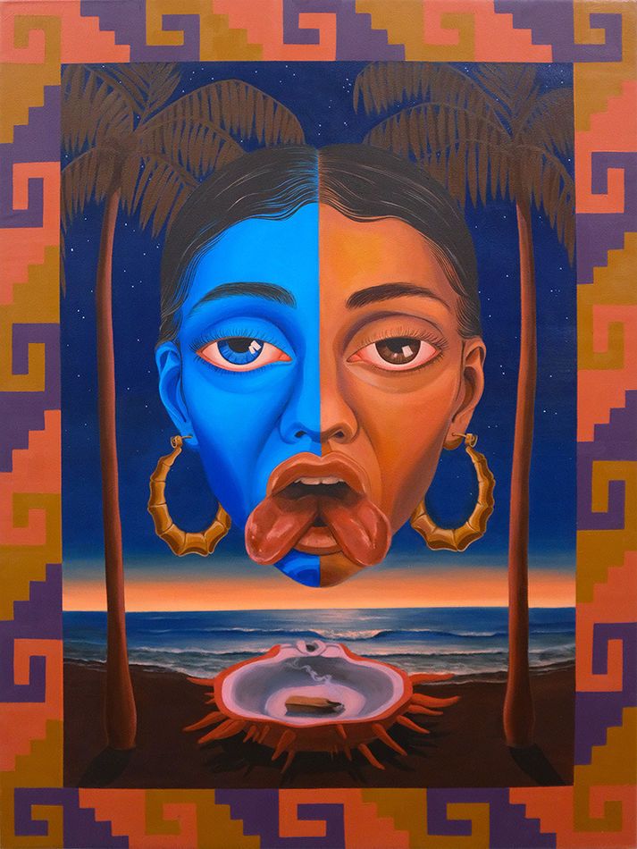 Mar Figueroa painting of female face with two tongues, wearing gold hoop earrings, floating in landscape and flanked by two palm trees