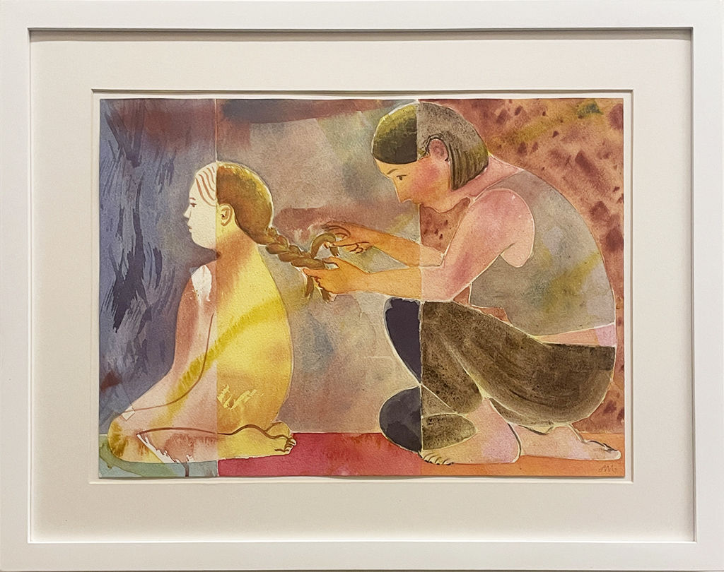 Painting on paper of a woman kneeling on the ground braiding a child's hair in white frame