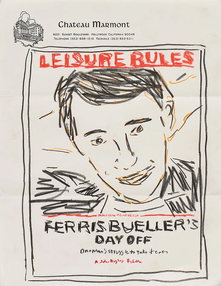 Drawing of Ferris Bueller's Day Off ad on hotel stationery