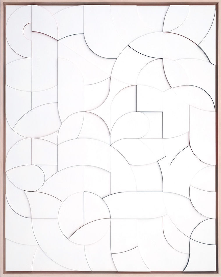 Framed all white wood relief sculptural piece made up of spiral shapes and curves by artist Scott Albrecht