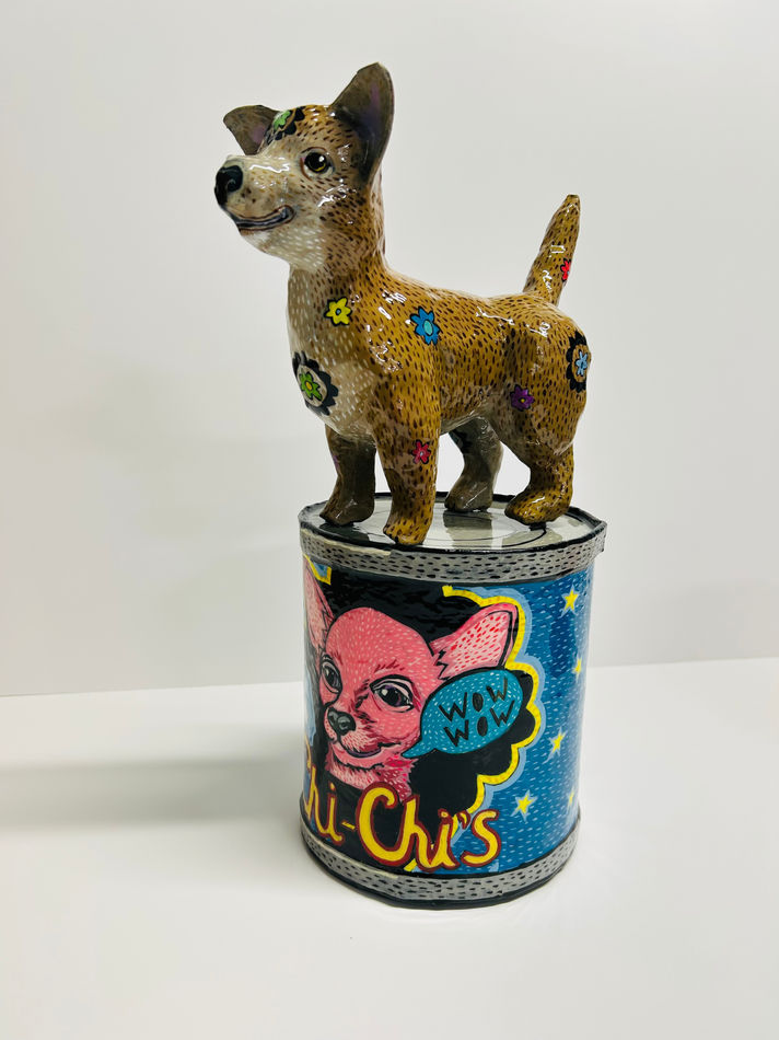Mark Gagnon - sculptures of a brown dog standing and a can with the image of a dog head and the text 