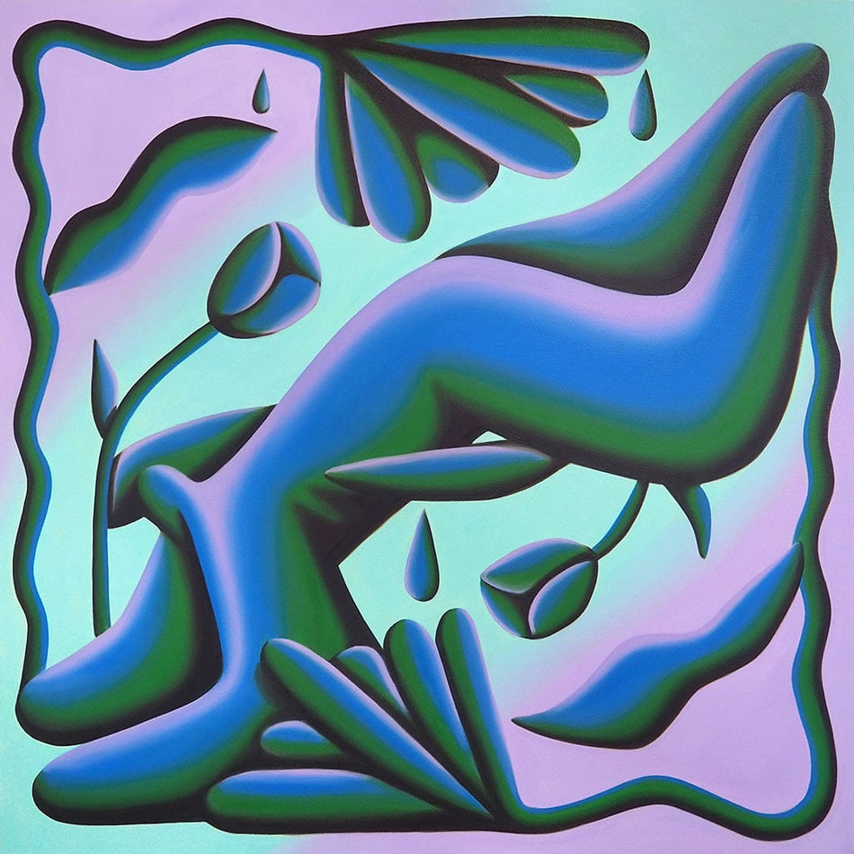 painting by Jocelyn Tsaih of a blue, purple, and green figure diving framed by flowers on a purple and light blue background