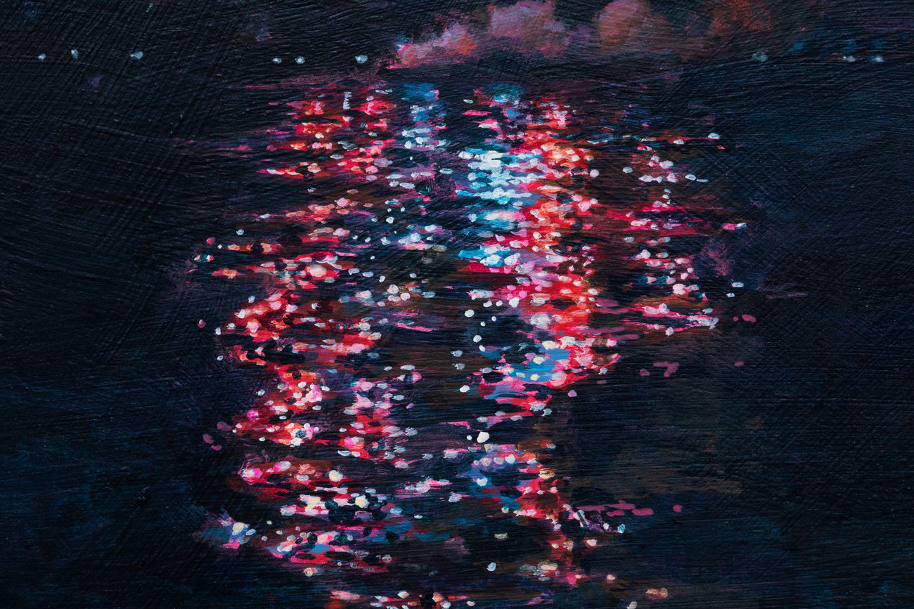 Painting of a red, blue and white firework going off with the reflection of the fire work on the water below